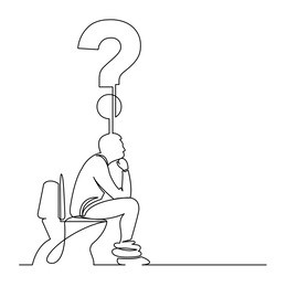 continuous line drawing of man sitting on toilet seat thinking about a question