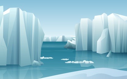 cartoon realistic nature winter arctic ice landscape with iceberg and snow mountains hills