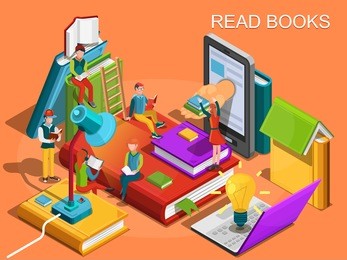 online library. the process of education, the concept of learning and reading books in the library. university studies. reading people 
isometric flat design. vector illustration
