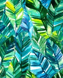 seamless watercolor banana palm leaf pattern. bright tropical background.