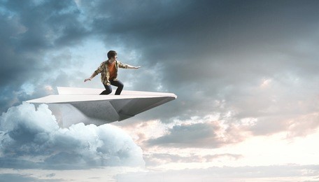 hipster guy surfing sky . mixed media