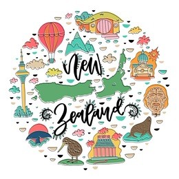 new zealand travel attractions and symbols hand drawn concept with famous buildings, animals and landmarks. vector illustration for tourist guide, poster, post card, souvenir. unique lettering design.