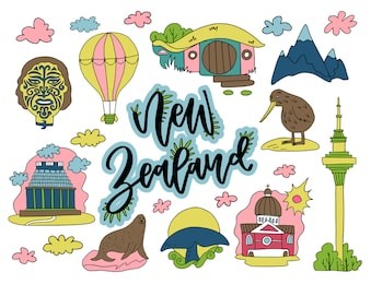 new zealand travel attractions and symbols hand drawn concept with famous buildings, animals and landmarks. vector illustration for tourist guide, poster, post card, souvenir. unique lettering design.