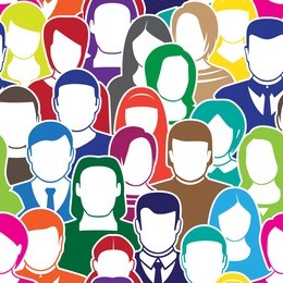 the crowd of abstract people, seamless pattern in black. isolated on white background. flat design, vector illustration.