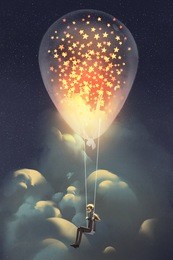 man and big balloon with glowing stars inside floating in the sky at night,illustraion painting