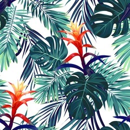hand drawn seamless floral pattern with guzmania flowers, monstera and royal palm leaves. exotic hawaiian vector background.