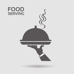 serving food - with restaurant cloche in hand - grey flat icon