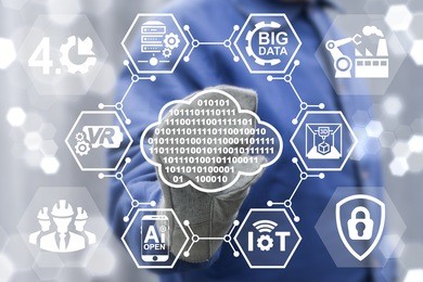 digital cloud industry 4.0 integration concept. man touched cloud 0 1 icon on virtual industrial screen on background of network iot, big data, it, ai, computing, server, vr, robotic, 3d printer icon.