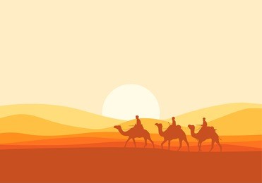 camel caravan going through the desert