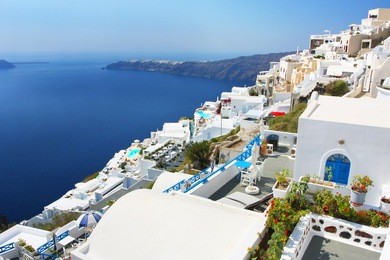 nice view on luxury apartments and oia village from imerovigli, santorini island, greece