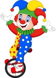 cartoon clown riding one wheel bike