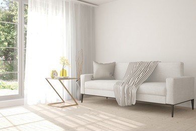 white room with sofa and green landscape in window. scandinavian interior design. 3d illustration