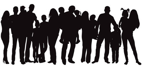  isolated, silhouette family, crowd of people with children