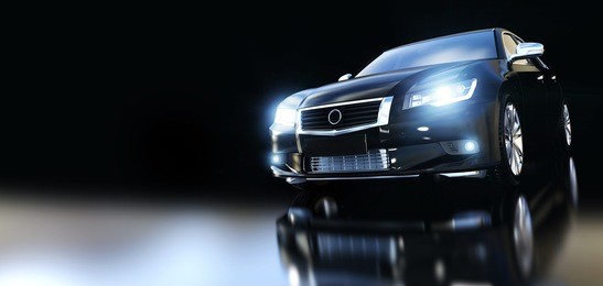 modern black metallic sedan car in spotlight, banner composition. generic design, brandless. 3d rendering.
