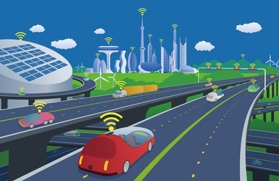 autonomous cars and wireless communication system, internet of things, smart city, smart transportation, futuristic automotive society, vector illustration