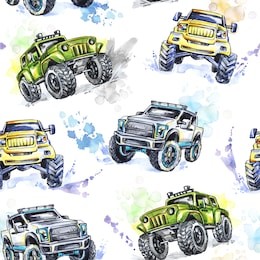 watercolor seamless pattern cartoon monster trucks. colorful extreme sports background. 4x4. vehicle suv off road. lifestyle. man's hobby.