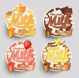 honey, strawberry, vanilla and chocolate milk label template. vector illustration.