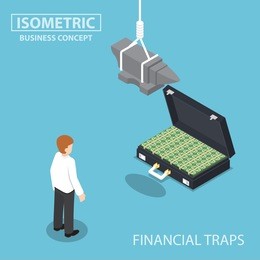 isometric businessman looking to suitcase full of money with anvil over his head, investment risk, business and financial traps concept