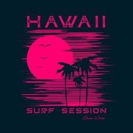 vector illustration on the theme of surf and surfing in hawaii.  grunge background.  typography, t-shirt graphics, print, poster, banner, flyer, postcard