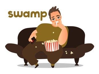 thick swamp popcorn  young fat man  eating pop-corn and watch tv