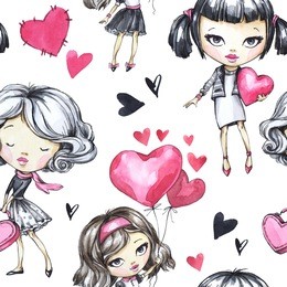 valentine s day seamless pattern. cute girls with hearts. modern romantic background for holiday card, postcard, gift wrapping paper. hand painted love illustration. 