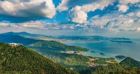 panoramic view of blue sky, sea and mountain seen from cable car viewpoint, langkawi island, malaysia.
