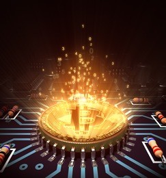 concept of bitcoin like a computer processor with magic digital light. 3d illustration.