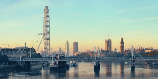 thames river panorama with london eye and westminster palace in london.