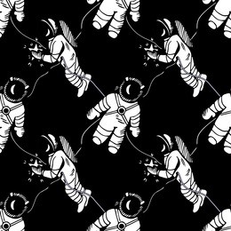 vector seamless pattern with cosmonauts in space. black and white illustration.