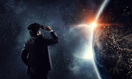 man in virtual helmet . mixed media