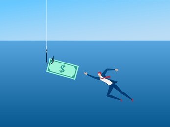 businessman and money on hook as bait capitalism. money trap concept. cartoon vector illustration.