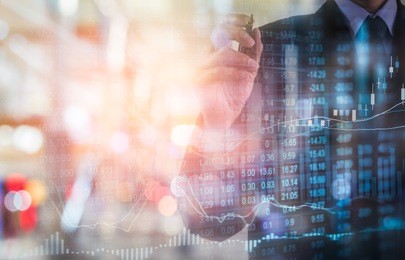 double exposure businessman and stock market graph for business concept about financial investment.