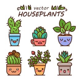 cute lovely kawaii houseplants vector art. kawaii faces flower pots. cartoon style. vector icons on white background.
