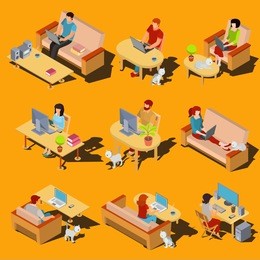 set of vector isometric icons of men and women working on a computer and laptop at home.