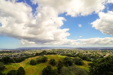 auckland skyline looking from the top of mount eden, new zealand