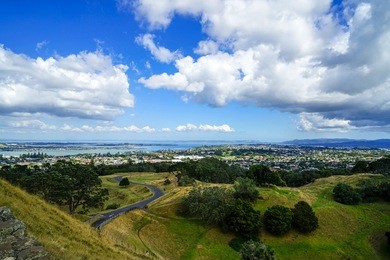 auckland skyline looking from the top of mount eden, new zealand