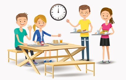 eating with new friends at the cafeteria. friendship creation in educational institutions.