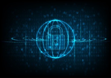 cyber security concept: padlock with keyhole icon on digital data background. illustrates cyber data security or information privacy idea. blue abstract hi speed internet technology.