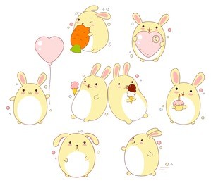 collection of cute rabbits with different emotions in kawaii style