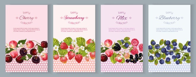 vector vertical banners set with berries. design for cosmetics, sweets and candy, pastry and bakery filled with berries, beauty organic products, health care products, aromatherapy.with place for text