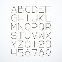 vector thin line font with shadow.  english alphabet and numbers.