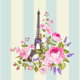 eiffel tower post card design. template of vintage post card with eiffel tower and flowers. vector illustration.