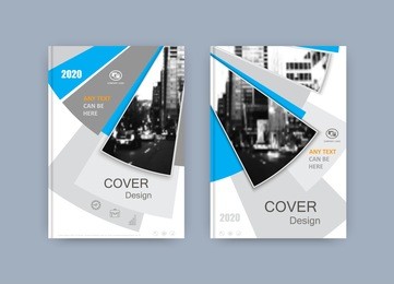 book cover design annual report, magazine, flyer in a4. business vector set. brochure title sheet. abstract composition with geometric shapes and image. blue. minimalistic style. template layout.