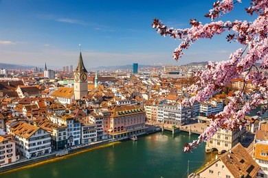 downtown of zurich at spring sunny day