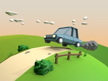 car fast jump low poly top green mountain 3d rendering