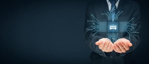 intelligent car, intelligent vehicle and smart cars concept. symbol of the car and wireless communication. abstract chip with symbol of the car connected with abstract devices represented by points.