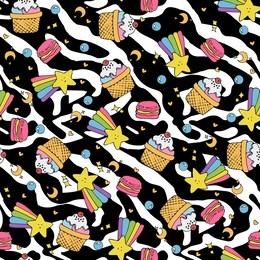 cute magic seamless pattern with macaroons, cakes and rainbow on animal print zebra black and white background.vector