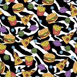 cute seamless pattern with pizza, hamburger and french fries on black and white zebra print background 80s 90s style.vector