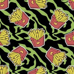 cute magic seamless pattern with french fries patches on green zebra print background 80s 90s style.animal print .vector
