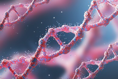 three red diagonal dna chains against dark blue background. concept of science. 3d rendering.